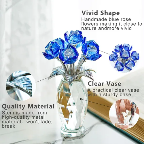 Miniatura 7 de H&D HYALINE & DORA Peso de papel de rosa de cristal azul, regalos de flores de vidrio para mujeres, niñas, esposas, ramo de flores de cristal Azul 2