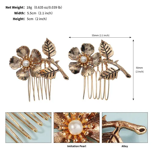 Miniatura 4 de 2 peines laterales dorados pequeños para mujer, decoración de boda, pinzas de metal retro con perlas de metal, pinzas de cristal para novia