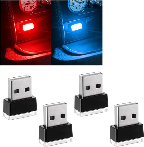 Augeny 4 PCS Lámpara de Atmósfera Interior de Coche LED USB, Luz Nocturna Decorativa Enchufable USB, Kit de Iluminación Ambiental Portátil para
