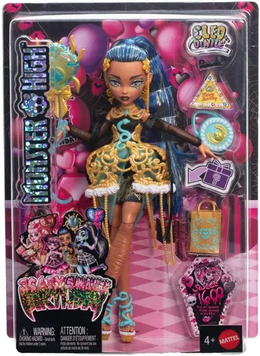 Miniatura 6 de Muñeca de cumpleaños aterradora y dulce de Monster High, Cleo de Nile con vestido de fiesta dorado y accesorios temáticos como invitación, globo