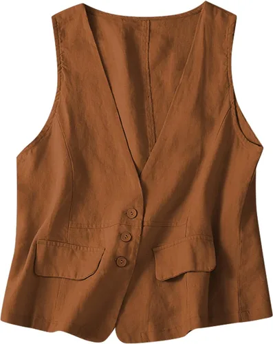 Miniatura 49 de COTECRAM Chaleco de lino de algodón para mujer, casual, sin mangas, con botones, ligero, para verano, holgado, ropa de abrigo