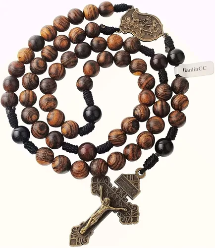 Miniatura 3 de HanlinCC Cuentas de madera maciza hechas a mano de 0.394 pulgadas con piedra de ágata, collar de rosario católico para hombres con pieza central