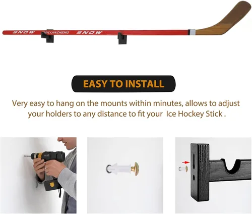 Miniatura 5 de TOBWOLF - 2 vitrinas de palo de hockey, soporte para colgar palos de hockey, soporte horizontal para palo de hockey de montaje en pared, soporte