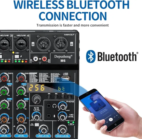 Miniatura 3 de Depusheng M6 Mezclador DJ portátil de 6 canales con Bluetooth, consola de mezcla de sonido MP3 incorporada con 256 efectos digitales, 48V Phantom