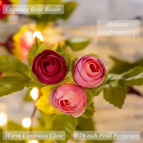 Miniatura 4 de Fielegen Guirnalda de 20 luces LED de flores de rosas, guirnalda de flores artificiales de 7.2 pies con luces de hadas para el día de San Valentín