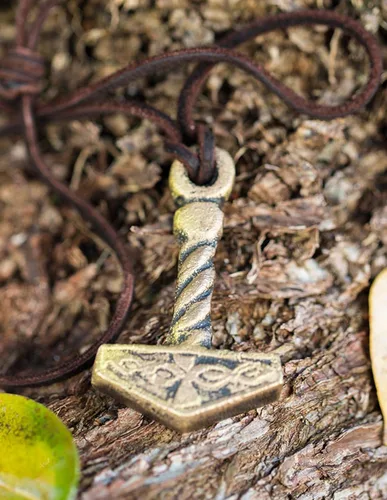 Miniatura 6 de Norse Tradesman Collar de martillo de Thor, colgante de latón macizo con cordón ajustable de cuero genuino, Latón