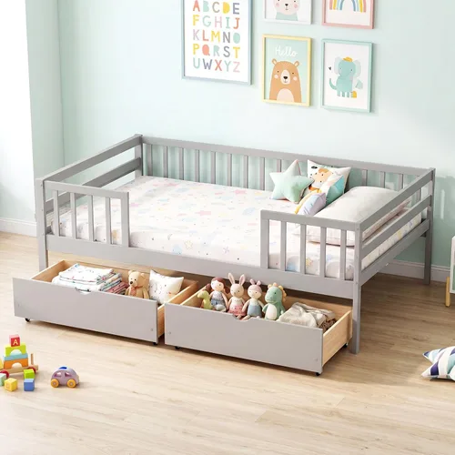 Miniatura 13 de Giantex Cama individual para niños con cajones de almacenamiento, cama Montessori de madera con rieles y estante lateral, sofá cama baja para niños