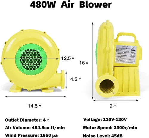 Miniatura 5 de HONEY JOY Soplador de aire, soplador de casa de rebote de 480 vatios de 0.6 HP para inflables, castillo hinchable y toboganes, alambre y estacas