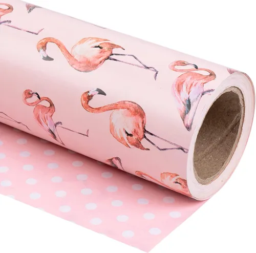 WRAPAHOLIC Papel de Regalo Reversible de Flamenco - Mini Rollo - 17 Pulgadas X 33 Pies - Papel de Regalo de Cumpleaños de Flamenco Rosa Diseño Rosa