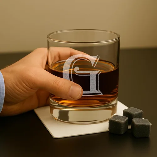 Miniatura 2 de On The Rox Drinks Juego de 4 vasos de cristal grabados con monograma G, 11 onzas