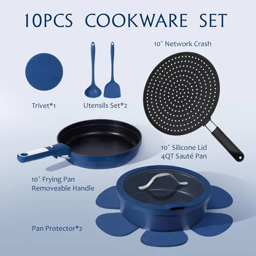 Miniatura 2 de CAROTE Juego de ollas y sartenes de 10 piezas, juego de utensilios de cocina antiadherentes, mango desmontable, sartén con pantalla de salpicaduras