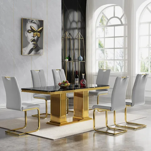 Miniatura 19 de Juego de mesa de comedor de 5 piezas, moderno juego de mesa de comedor para 4, 70 pulgadas, juego de mesa de comedor de mármol sintético blanco