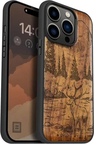 Miniatura 11 de Carveit Funda magnética de madera para iPhone 14 Pro, madera natural y TPU suave negro, funda protectora a prueba de golpes, funda de madera única