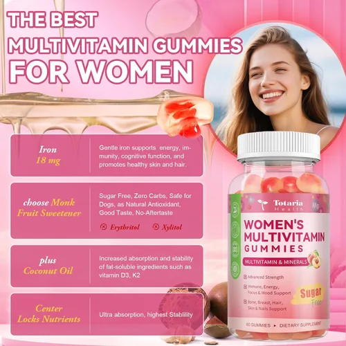 Miniatura 7 de Totaria Gomitas multivitamínicas sin azúcar para mujeres mayores de 14 años con hierro, inositol, folato, biotina, gomitas multivitamínicas diarias
