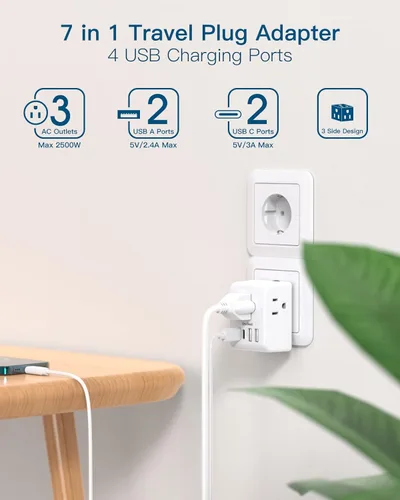 Miniatura 2 de Paquete de 2 adaptadores de enchufe de viaje europeos, adaptador de enchufe internacional con 3 tomas, 3 puertos de carga USB (1 USB C), adaptador