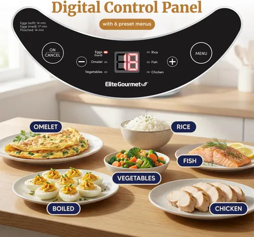 Miniatura 4 de Elite Gourmet EGC314CB - Cocedor de huevos digital fácil, vaporizador de alimentos, escalfador, huevo blando, medio, duro con 6 funciones Carbón