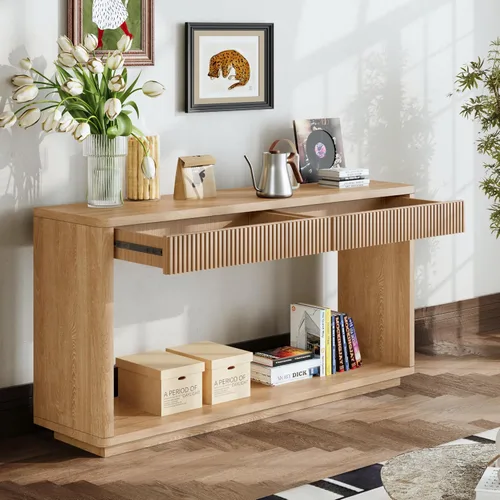 Miniatura 38 de 50" Modern Art Sculptural Console Table, Oval Cutout Legs, Wood Veneer, Thick Rounded Tabletop, Contemporary Entryway Sofa Table for Living Room
