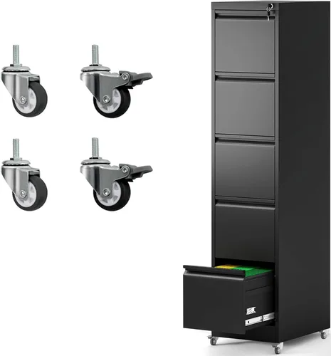 Miniatura 12 de Archivador de 4 cajones con ruedas, archivador de metal con cerradura y ruedas, almacenamiento rodante para oficina en casa, archivadores verticales