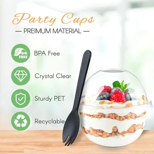 Miniatura 3 de Zezzxu Paquete de 50 vasos de postre de plástico de 9 onzas con tapas de cúpula (sin agujero) y tenedores, vasos desechables para frutas, helados