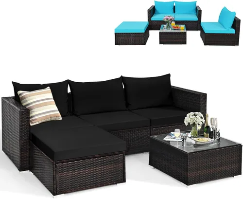 Miniatura 13 de Tangkula Juego de muebles de patio de 6 piezas, juego de conversación de mimbre para exteriores con mesa de café de cristal, juego de sofá de mimbre