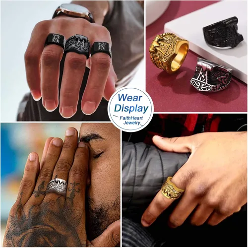Miniatura 6 de FaithHeart Norse Viking Jewelry - Anillo de acero inoxidable de guerrero para hombre con diseño vikingo de cabeza de lobomartillo de Thor