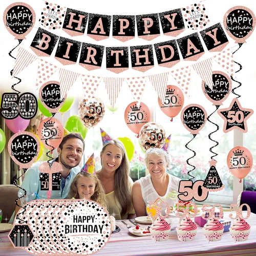 Miniatura 3 de Decoraciones de cumpleaños número 50 para mujer – (paquete de 76) pancarta de fiesta de oro rosa, banderín, remolino colgante, globos de cumpleaños