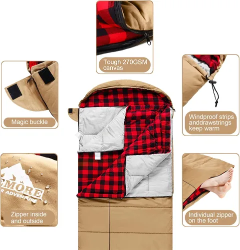 Miniatura 4 de Saco de dormir de lona de 0 grados para adultos, saco de dormir de franela de algodón para campamento de invierno, pesca, caza o viajes, carcasa