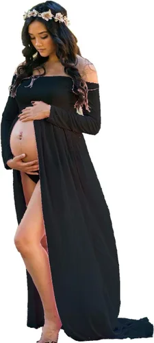 ZIUMUDY Vestido de fotografía de gasa maxi de maternidad vestido frontal dividido para sesión de fotos