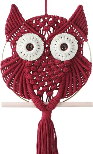 Miniatura 22 de MVSUTA Owl Burgundy Cotton Handmade Macrame Wall Hanging Tapestry Home Decor Art and Red Craft Wonderful Decoration Woven Boho Ornament for Office