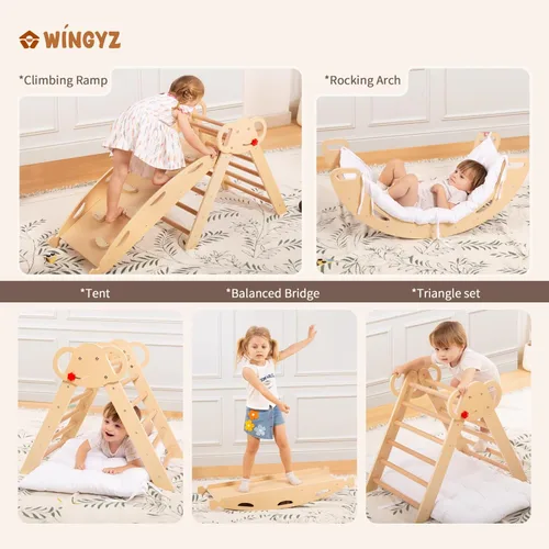 Miniatura 5 de wingyz Pikler - Juego de escalada triangular con cojín, plegable, 8 en 1, gimnasios de la jungla para niños pequeños de 1 a 3, parque infantil Teca