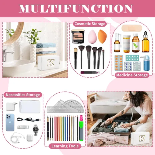 Miniatura 5 de Pequeña bolsa de maquillaje personalizada con inicial A-Z Preppy Patch, bolsa de cosméticos de viaje de felpilla blanca con cremallera, bonita bolsa