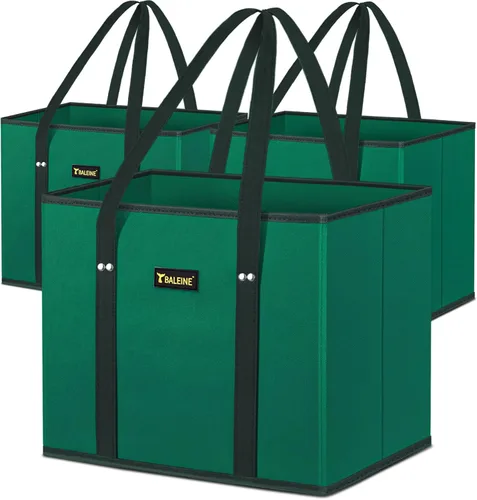 BALEINE Paquete de 3 bolsas reutilizables para comestibles, bolsas de compras plegables para comestibles con parte inferior reforzada y asas (verde)