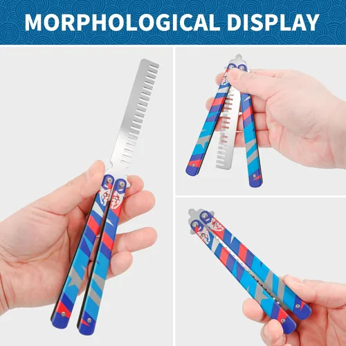 Miniatura 4 de SVNR Peine de mariposa, peines de práctica plegables de acero inoxidable, impresión en color 3D táctico de mariposa, patrón abierto, cuchillo