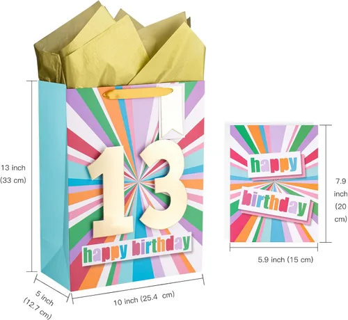 Miniatura 2 de WRAPAHOLIC Bolsa de regalo de cumpleaños grande de 13 pulgadas con tarjeta y papel de seda - 13 cumpleaños