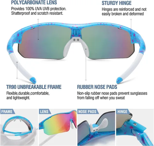 Miniatura 37 de DUCO DK261 - Gafas de sol deportivas de béisbol para jóvenes, con marco TR90 irrompibles, ligeras, para niños y niñas
