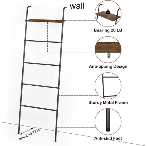 Miniatura 6 de Soporte de Escalera para Mantas para Sala de Estar Estilo Granja, Soporte Decorativo de Escalera con Estante de Almacenamiento, Perchero de Pared