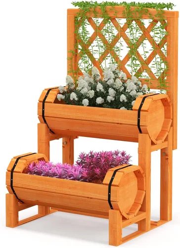 S AFSTAR Cama de jardín elevada de 2 niveles con enrejado, maceta de madera con enrejado de diamante, maceta elevada para plantas trepadoras de vid,