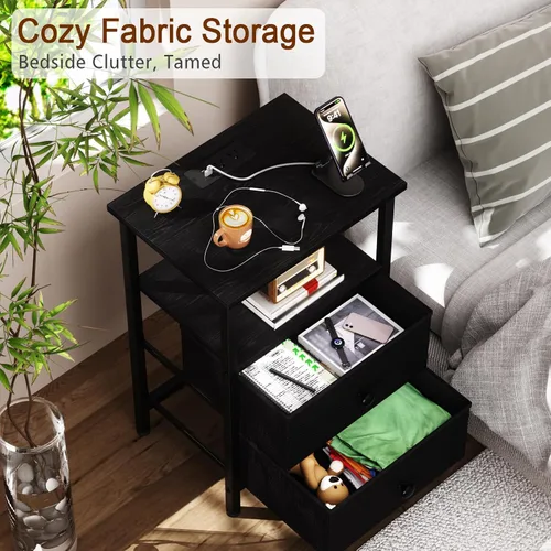 Miniatura 5 de LOAKEKEL Mesita de noche, mesita de noche con estación de carga, mesa auxiliar con almacenamiento 2 cajones de tela para dormitorio, mesa auxiliar