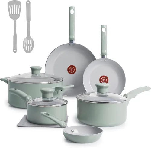 T-Fal Refresh - Juego de utensilios de cocina antiadherentes de cerámica, apto para horno hasta 350ºF, 12 piezas, incluye olla, plancha, sartenes,