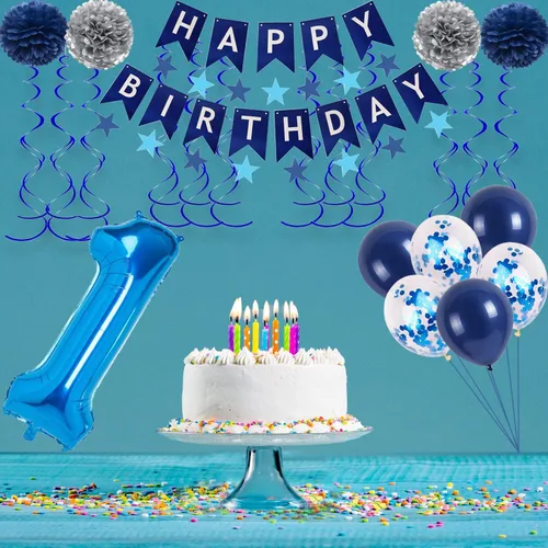 Miniatura 3 de Decoraciones de fiesta de cumpleaños azul número 14 para niños y niñas, suministros de globos de feliz cumpleaños 14 con pancarta de feliz Azul-a-14