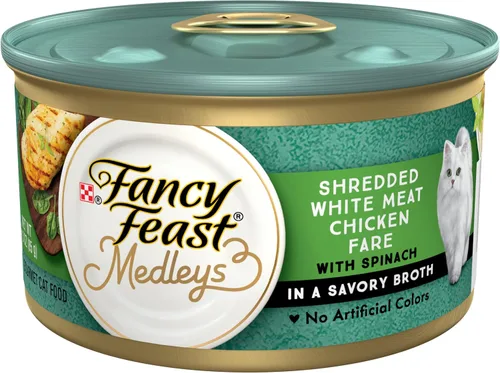 Purina Fancy Feast Comida Húmeda para Gatos Medleys Pollo Desmenuzado de Carne Blanca Fare con Espinacas en Sabroso Caldo de Comida para Gatos -