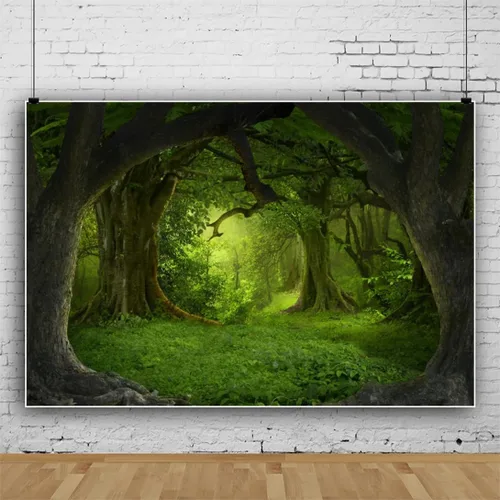 Miniatura 2 de Leowefowa Telón de fondo verde de bosque de selva de 6 x 4 pies para cumpleaños, bosque encantado, pastizales verdes, fondo de fotografía de vinilo