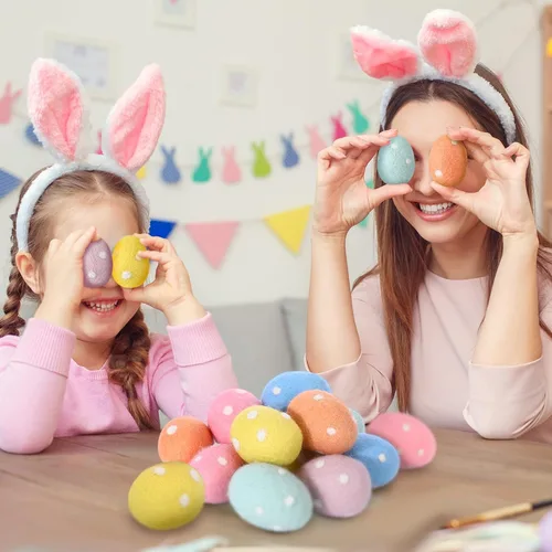 Miniatura 5 de VitalCozy 12 huevos de Pascua coloridos de fieltro con lunares pastel, huevos de fieltro sorpresa, adornos colgantes para cestas de Pascua