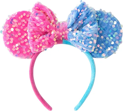 KARETT Diadema con Orejas de Ratón de Lentejuelas con Lazo de Brillantina, Decoración de Fiesta de Princesa para Niñas y Mujeres Rosa Azul