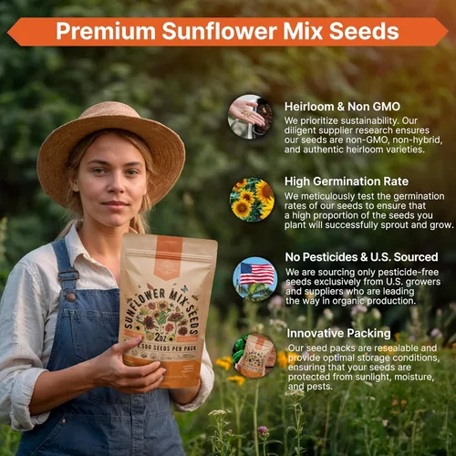 Miniatura 6 de Paquete de semillas de mezcla de girasol, 2 onzas, más de 2,500 semillas de girasol tradicionales sin OMG para plantar, flores anuales en paquete