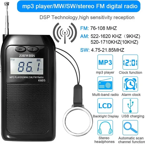 Miniatura 2 de ZHIWHIS Radio portátil, radio FM AM SW transistor estéreo LCD pantalla digital de bolsillo Walkmen Radio MP3 WAV Reproductor Soporte TF Tarjeta
