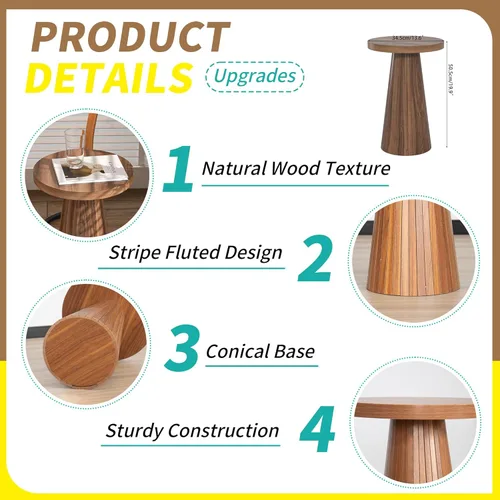 Miniatura 4 de Pequeña mesa auxiliar redonda con pedestal, mesa auxiliar de madera para sala de estar, mesa de bebidas acanalada para espacios pequeños, mesa Nogal