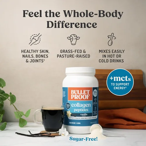 Miniatura 4 de Polvo de proteína de colágeno vainilla Bulletproof con aceite MCT, 19g de proteína, 42.3 onzas, tamaño de valor, péptidos de colágeno y aminoácidos