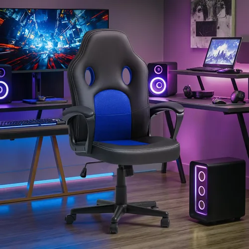 Miniatura 2 de Silla ejecutiva de piel para oficina, sala de conferencias o videojuegos con respaldo alto, ergonómica, ajustable., Cuero, Azul