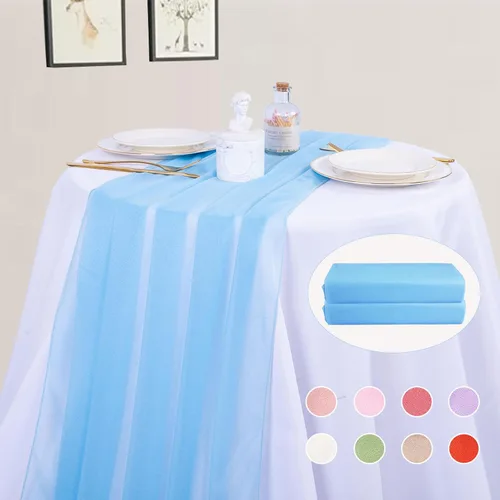 Miniatura 7 de Camino de mesa de gasa azul bebé de 30 x 120 pulgadas, camino de mesa boho de gasa de 10 pies para decoración de boda, camino de mesa rústico de 120
